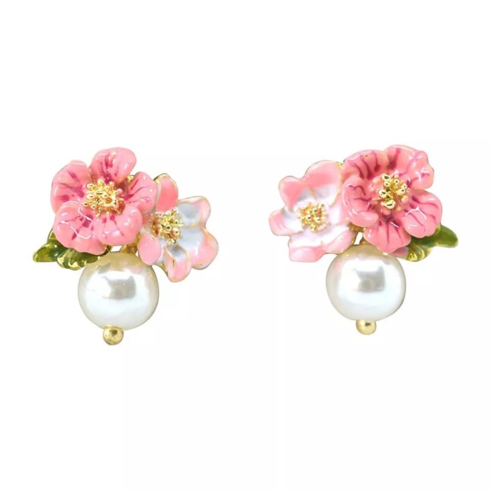 New Pink Flowers Enamel 18k Gold Plated Pearl Earrings
